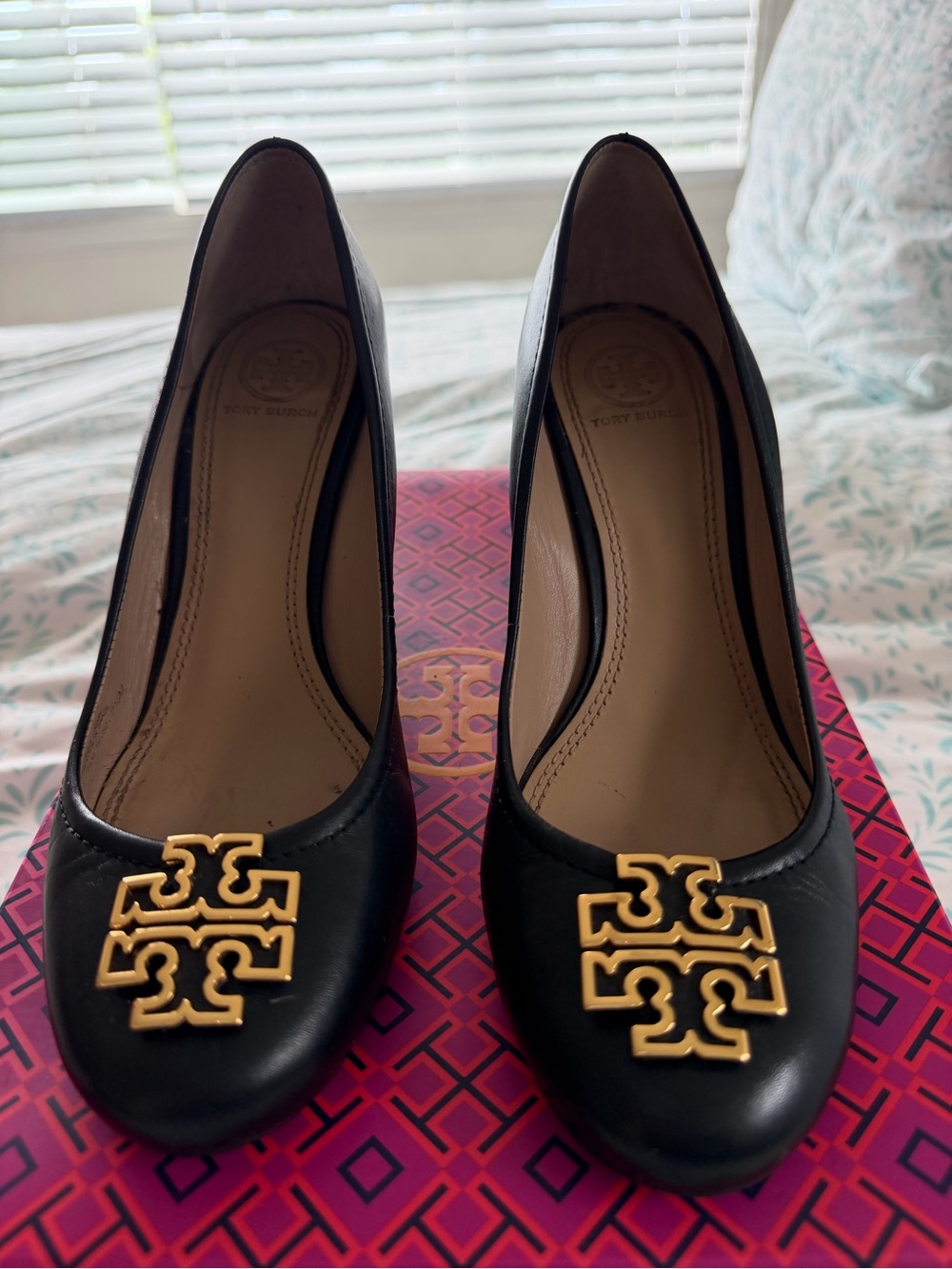 Tory Burch Melinda Black Leather 85mm Wedge Pump